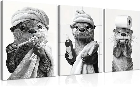 Otter Canvas Wall Art Set by Cute Bathroom | Funny Black and White Decor for Restroom | Ready to Hang 12x16 Inch
