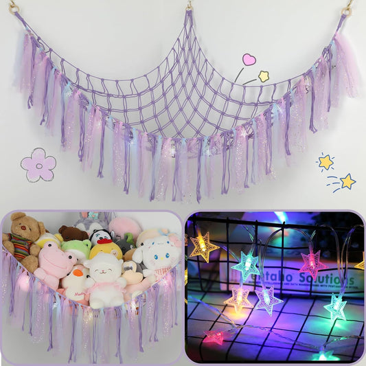 Skiennix Stuffed Animal Hammock with LED Lights - 59-Inch Plush Toy Storage Net for Kids' Rooms | Handwoven Purple Decor