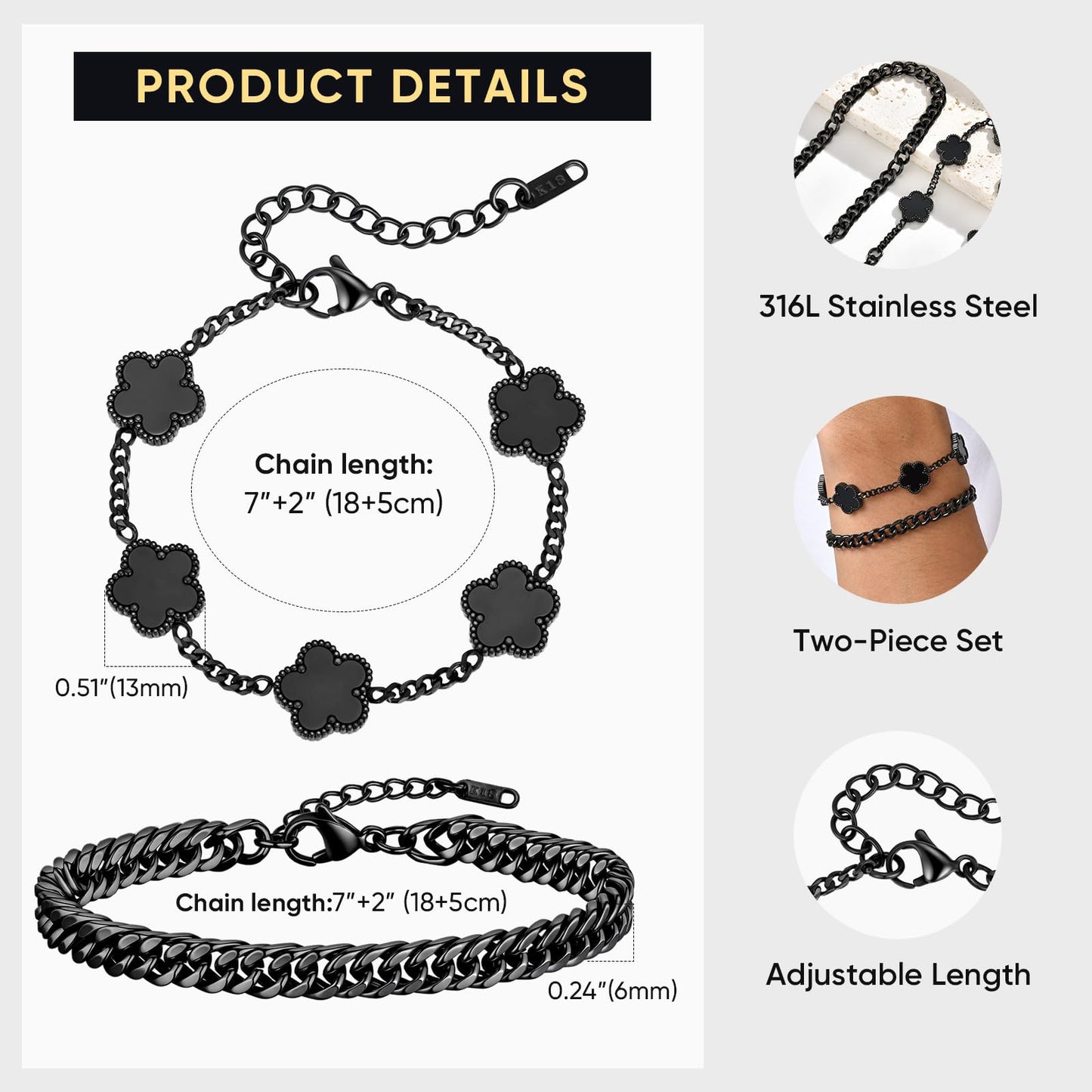 VNOX 2 PCS Floral Bracelets for Men Women -Womens Mens Stainless Steel Silver Cuban Chain Link Bracelet Lucky Charm Four Clover Flower Bracelets Trendy Jewelry Gifts, S01