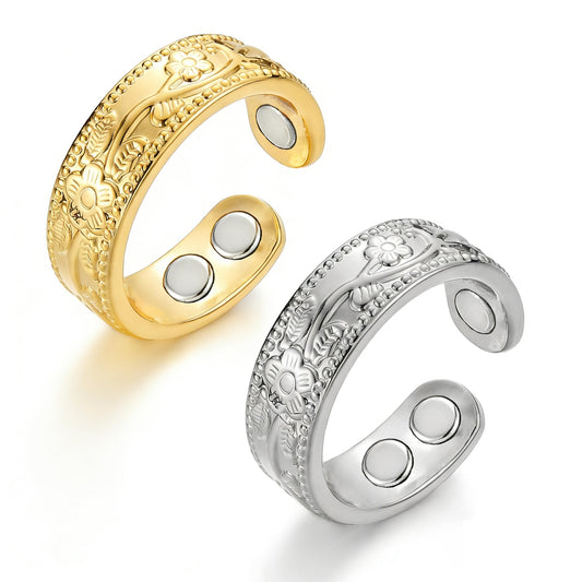 2PCS Magnetic Rings for Women Anti Snoring Ring Auvulis Migraine Rings Titanium Ion Magtherapy Lymphatic Drainage Rings Lymph Nodes Acupuncture Therapy Stainless Steel Ring For Women Men Health Jewelry Gifts (C：Flower 2Pcs-Four magnetic strips)