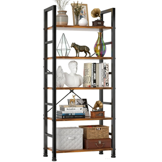SageNest 5 Tier Bookshelf, Free Standing Wooden Bookcase with Open Storage Shelves with Metal Frame, Sturdy Shelf Organization Display Rack for Living Room, Bedroom, Home Office, 62.2" Tall, Brown