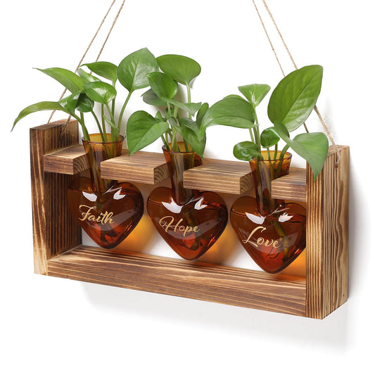 Plant Terrarium Propagation Stations Faith Hope Love Hydroponics Home Garden Decoration Gift for Women with Wooden Stand Heart Shaped Colored Glass Vase