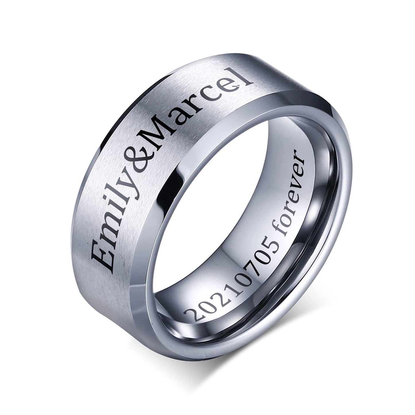 VNOX Mens 8mm Brushed Matte Tungsten Carbide Classical Simple Plain Personalized Custom Name Date Wedding Band Wedding Engagement Ring,Silver,Size 11