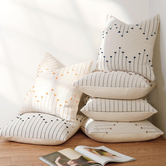 Boho Spring Throw Pillow Covers 18x18 Set of 2 Neutral Woven Decorative Pillowcases Cotton Tufted Couch Pillows Modern Farmhouse Cushion Covers for Sofa Couch Bed Living Room Home Decor, Navy Blue