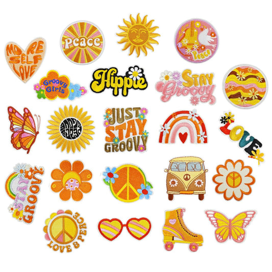 22Pcs Hippie Iron on Patches Groovy Boho Sew on Embroidered Applique Patches Embroidery Repair Decoractive Patches DIY Crafts Sewing Patches Decorations for Clothes Hats Jackets Jeans Backpacks