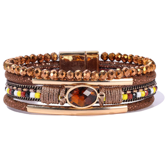 Becklynn Boho Leather Wrap Bracelets Beaded Crystal Stackable Cuff Bracelet with Magnetic Clasp Cowboy Cowgirl County Concert Outfits Western Jewelry Gifts for Women(Crystal Brown)