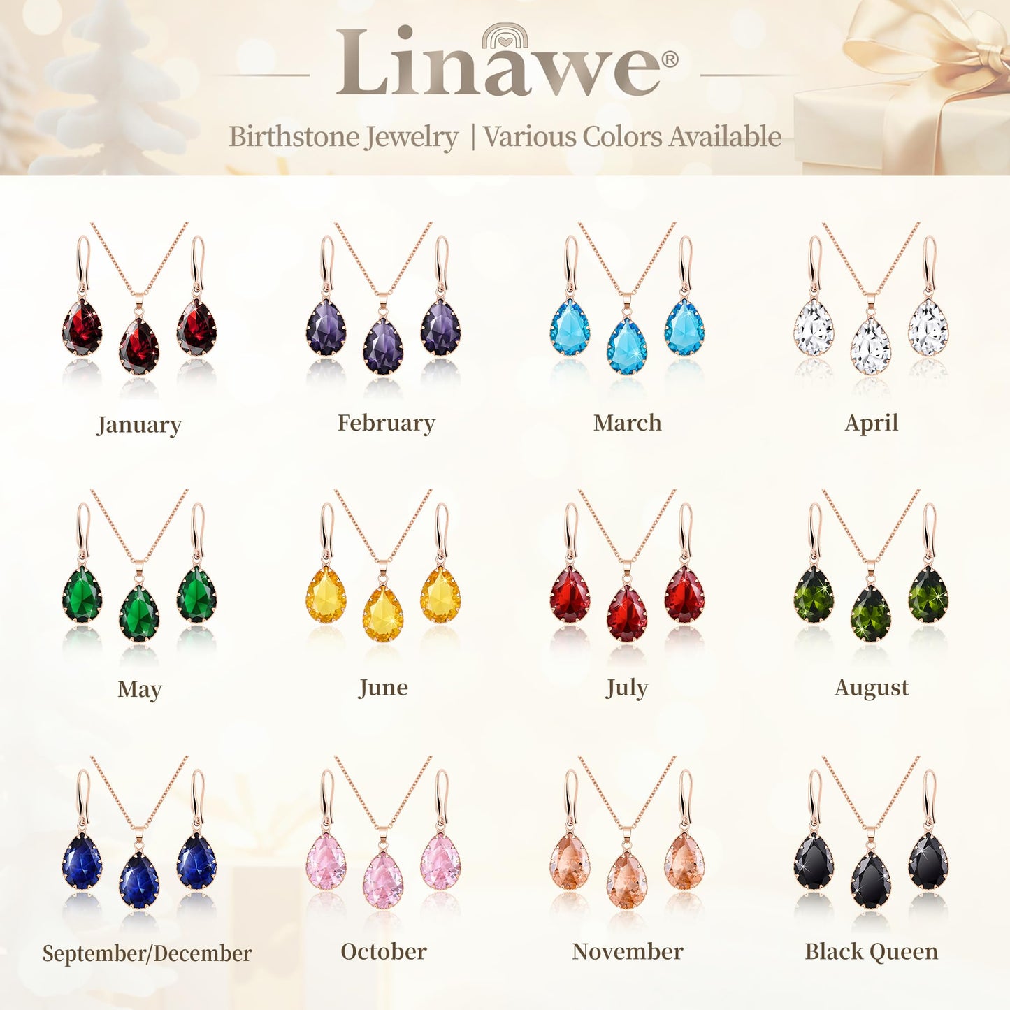 Linawe Amethyst Crystal Rose Gold Jewelry Sets, Purple Pendant Necklace, Lavender Imitation Diamond Rhinestone Dangle Earrings, Boho Wedding Set Teardrop Cubic Zirconia Birthstone