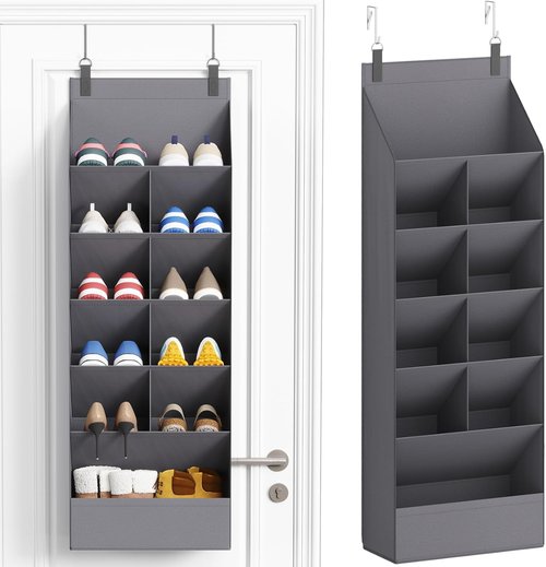 Lifewit 6-Tier Over The Door Shoe Organizer - 11 Large Deep Pockets for Up to 12 Pairs - Gray Fabric Storage Shelf