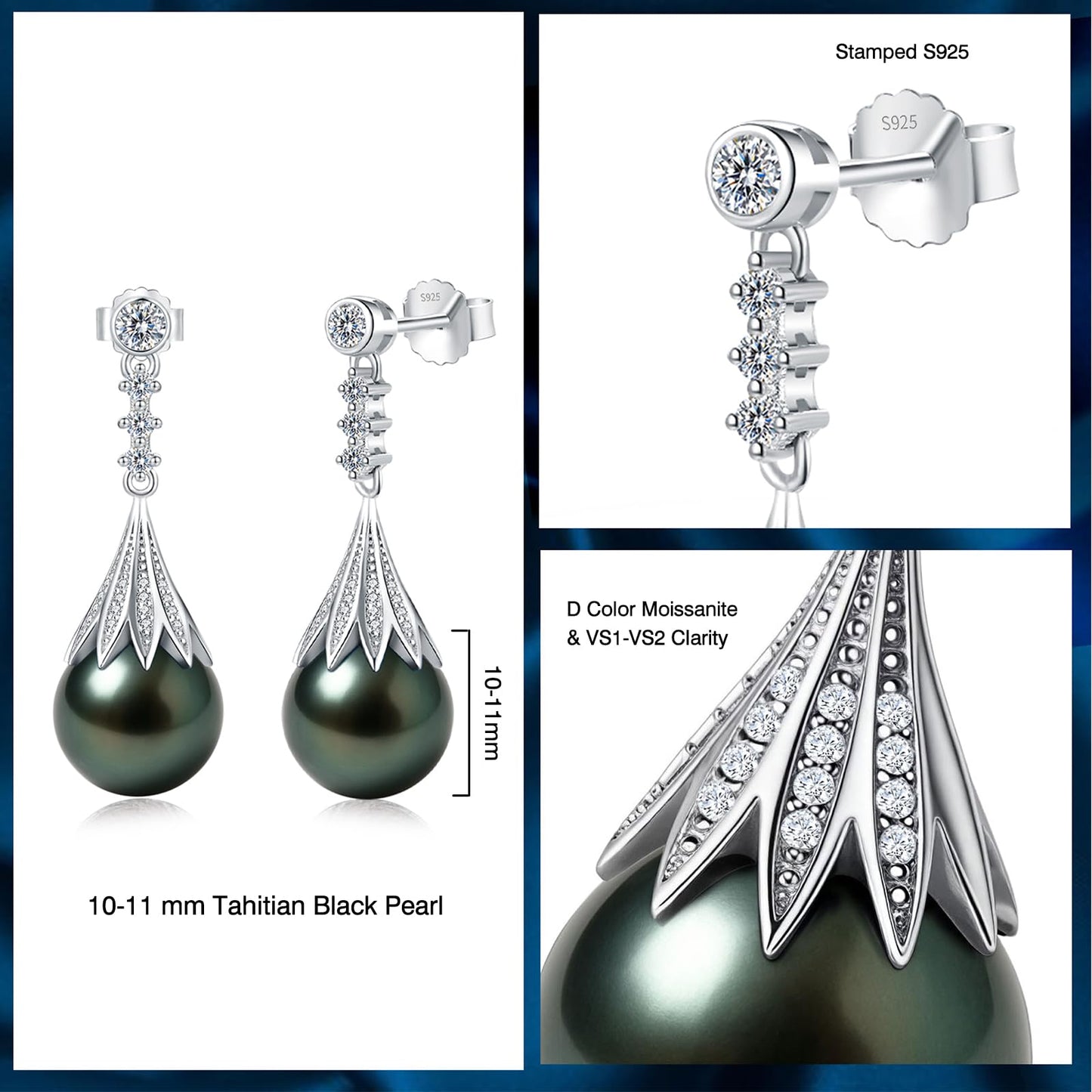 Genunie Tahitian Black Pearl Earrings - Christmas Gifts for Wife Women Anniversary Wedding, Mom Birthday Gift, AAAA 10-11mm Ocean-Grown Pearls with S925 Sterling Silver Unique Moissanite Jewelry