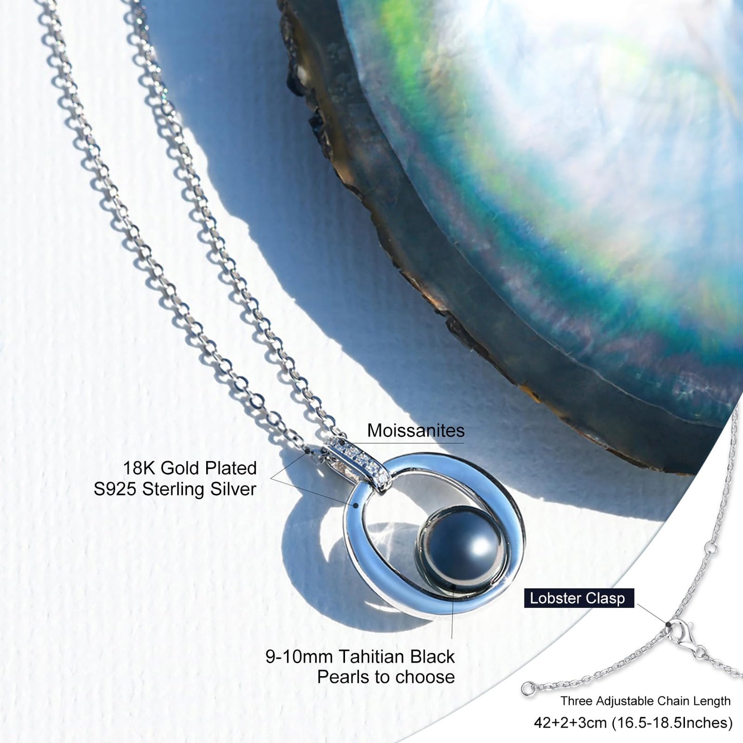 Tahitian Black Pearl Necklace for Women - Gift for Wife, Mom, Grandma, Jewelry Gifts for Wedding Anniversary Birthday Christmas, 9-10mm Seawater Pearl with Sterling Silver Moissanite Oval Pendant