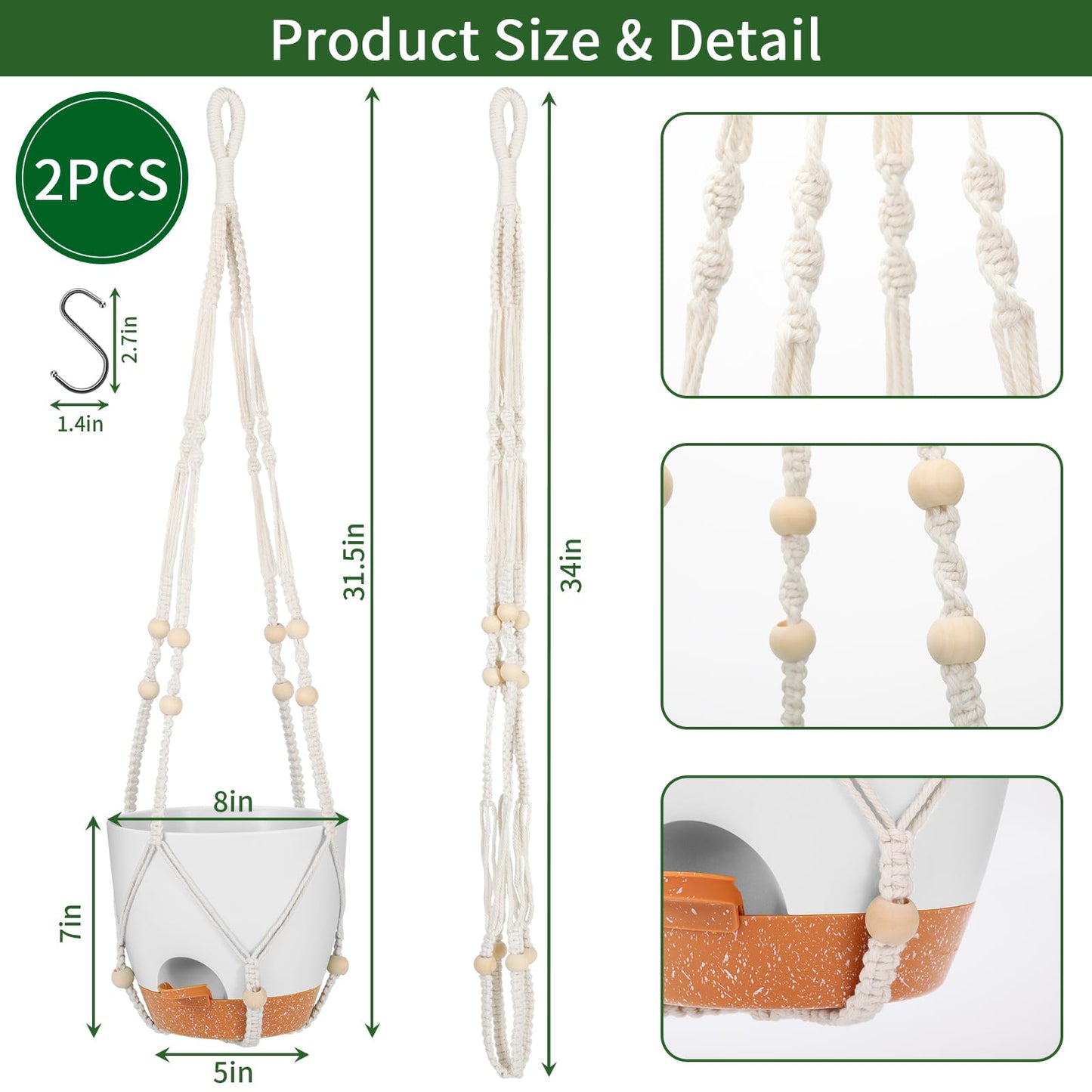 GARDIFE 8 Inch Hanging Planters with Macrame Plant Hanger for Indoor and Outdoor Plants, 2 Pack Large Self Watering Hanging Plant Pot with Basket Flower Pot with Drainage Hole, White