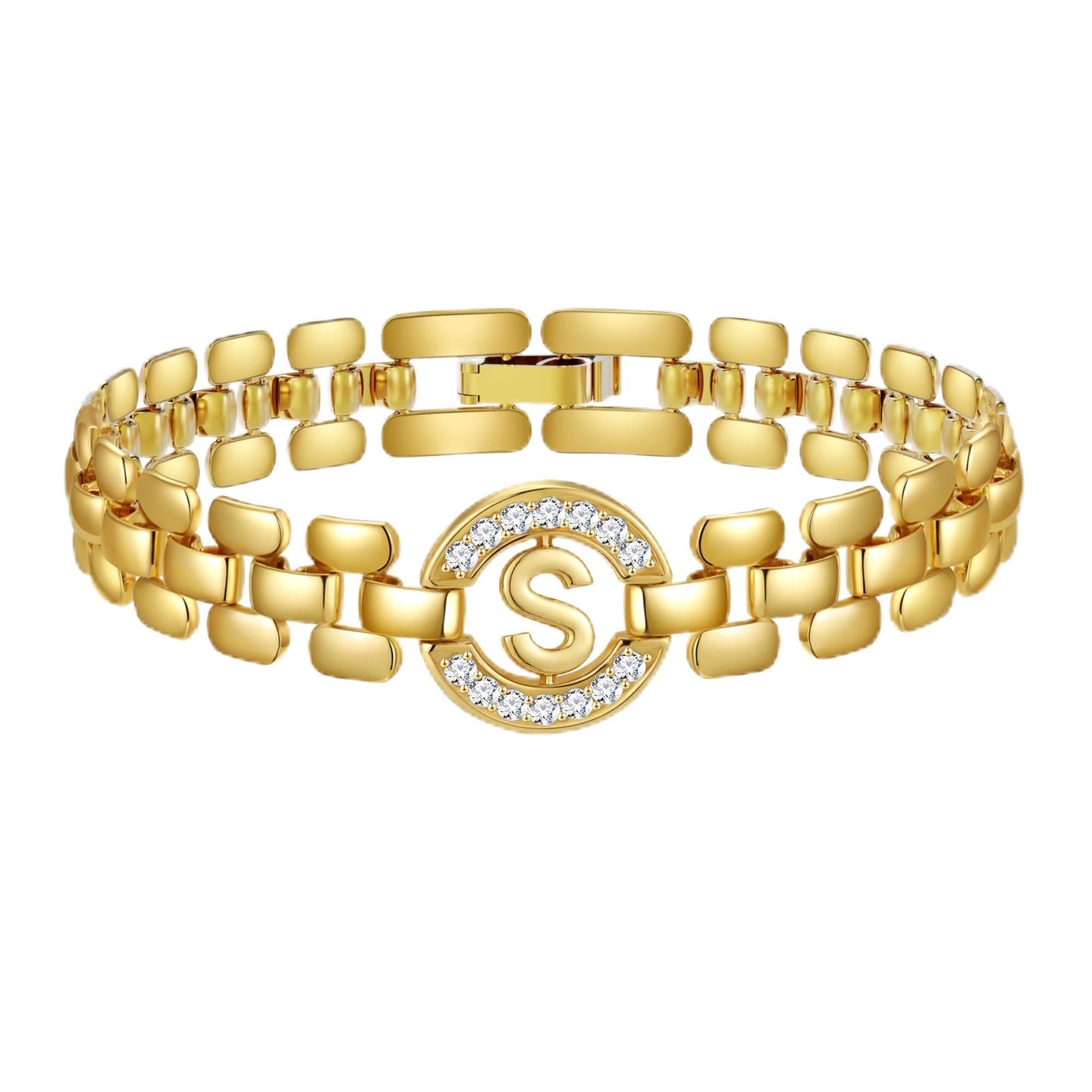 WEDDINEN Initial Bracelet - 14K Gold Plated Letter Bracelet Thick Bangle Wrist Jewelry for Women - Initial S Charm Chain
