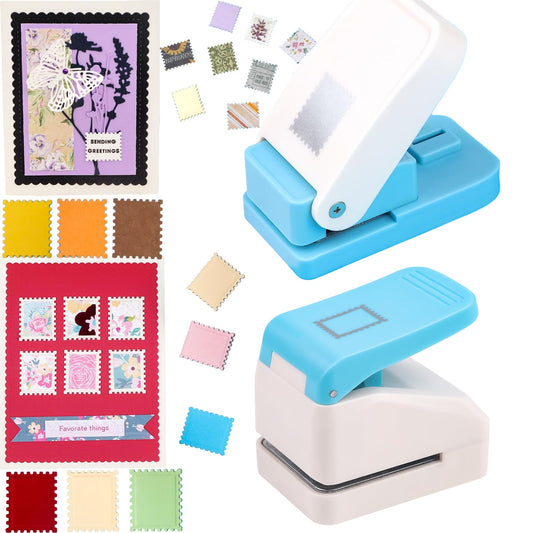2 Pcs Stamp Paper Punch, 1X0.8inch & 1.1X0.9 inch Embossing Postage Stamp Shape Puncher, Lever Craft Hole Punches for Crafting DIY Scrapbooking Projects
