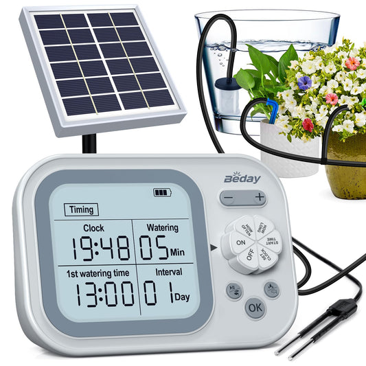 Solar Drip Irrigation System Outdoor, IP67 Waterproof Automatic Plant Watering System with Solar Panel & Timer, DIY Garden Irrigation Kit for 15 Potted Plants, Vegetable Garden & Raised Bed