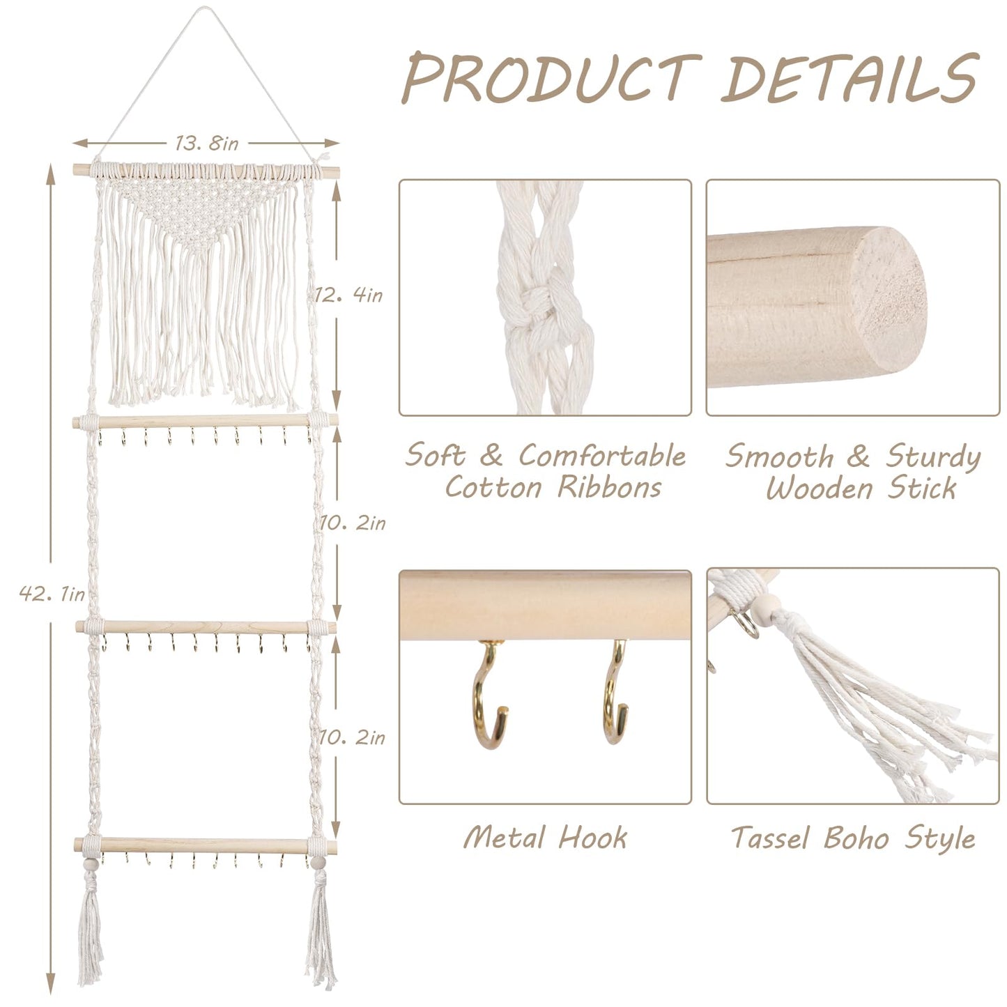 Teniinet Hanging Jewelry Organizer, Boho Macrame Necklace Hanger Wall Mounted with 30 Hooks,Door Hanging Jewelry Holder with Tassel for Necklaces Display Organizer(Necklace Holder)