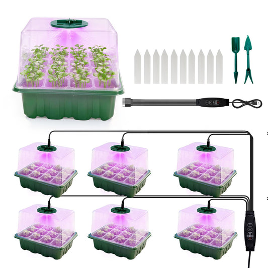 Bhyhok 6 Pack Seed Starter Kit with Grow Light 72 Cells Plant Starter Trays with 3.9 Inch Adjustable Humidity Dome Reusable Indoor Plant Germination Tray for Gardening