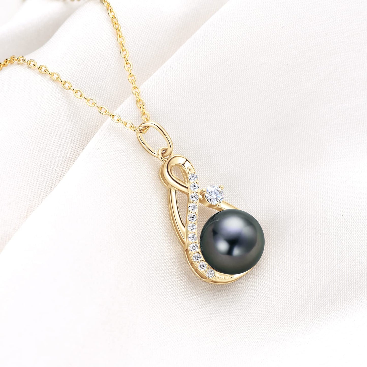 DENGGUANG Genuine Tahitian Black Pearl Necklace for Women, 14K Gold Plated Sterling Silver Infinity Pearl Pendant Necklace with Moissanite, Anniversary Birthday Mothers Day Jewelry Gift for Mom Wife