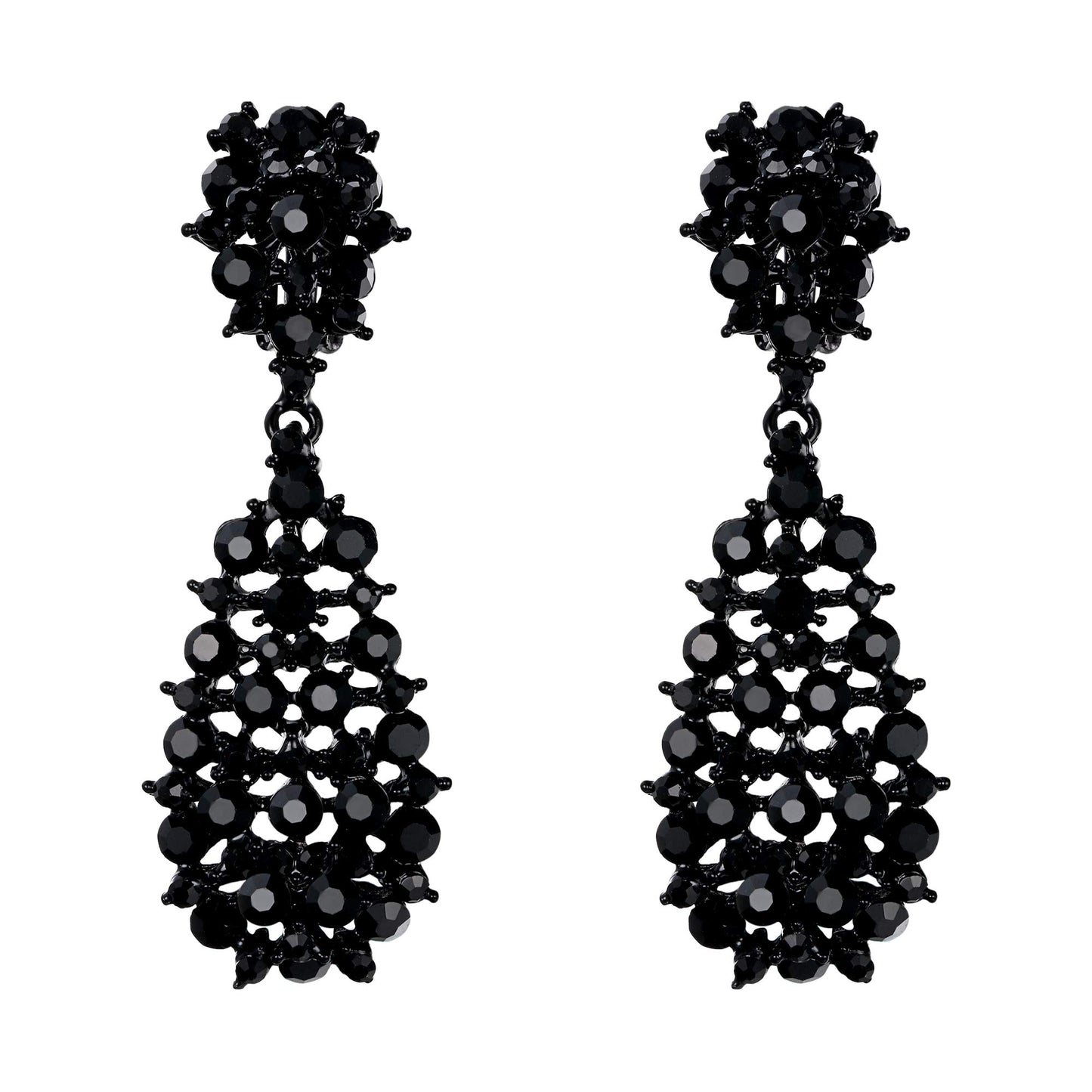 EVER FAITH Women's Costume Jewelry Black Crystal Art Deco Hollow Waterdrop Dangle Clip-on Earrings Black-Tone