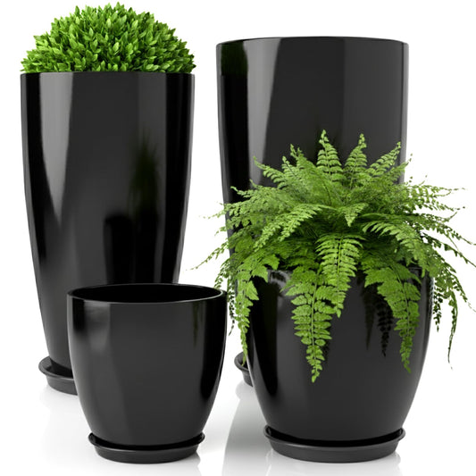 ZMTECH 24/21/12/10" H Large Plastic Planters with Drainage Hole and Saucer -Set of 4 Tall Plant Pots for Indoor & Outdoor Use,Black Glossy Smooth Lightweight Flower Pot for Front Porch Patio Deck