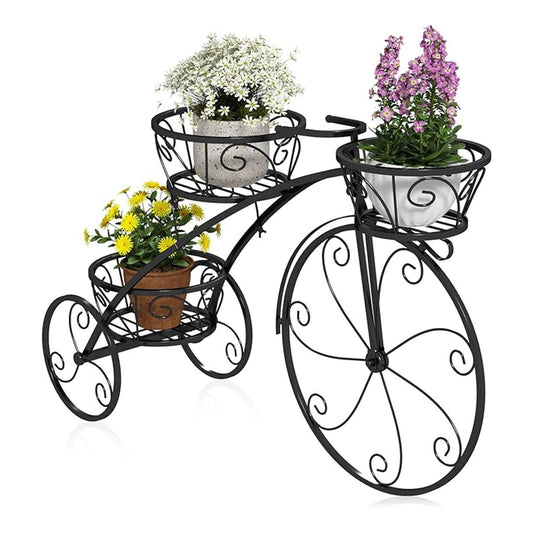 Planter Potted Holder Tricycle Plant Stand, Parisian Style Flower Display Stand Cart,3-Tier Metal Plant Stand Bicycle Flower Pot Cart with Hollowed Baskets for Patio,Garden,Deck,Lawn(Black)