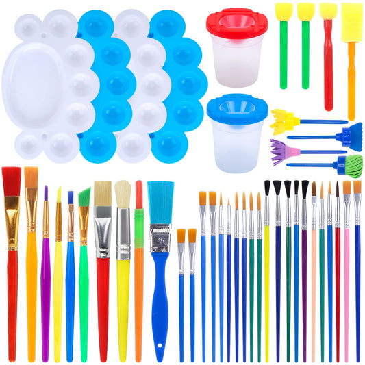 BigOtters Painting Brushes, 45PCS Kids All Purpose Paint Supplies Include Paint Cups with Lids Palette Tray Multi Sizes Brush for Children Gifts School Prizes Art Party