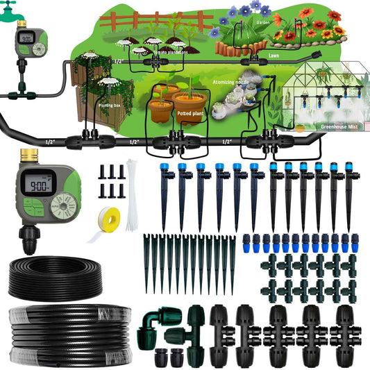 Drip Irrigation System with Water Timer for Garden,Main ID 1/2inch 16.5Ft and 1/4inch 96Ft Water Hose, Watering System Sufficient Water Pressure, Irrigation Dripper Waterflow Evenly Easy DIY Green