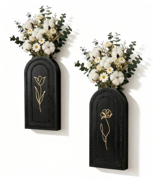 2 Pack Wooden Wall Planter Vase Set, Black Finish Modern Farmhouse & Boho Wall Decor for Living Room, Bathroom, Kitchen, Dining Room (Black)