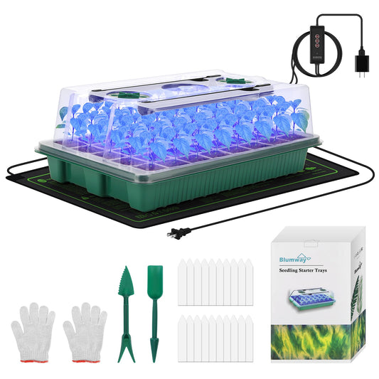 BlumWay 4-in-1 Seed Starter Tray with Grow Light &Heat Mat & Soil Meter Set,40-Cells Seedling Tray with Humidity Dome for Indoor Plant