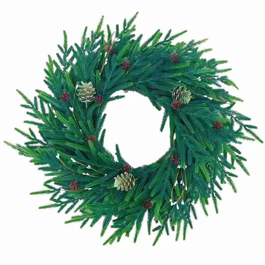 20 Inch Christmas Wreath for Front Door, Artificial Realistic Green Pine with Gold Pinecone, Door Wall Window Fireplace Party Decor