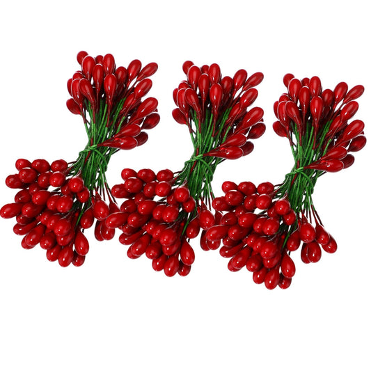 BBTO 300 Pcs Artificial Holly Christmas Fake Berries on 150 Wire Stems Berries Branches Stems Decor for Christmas Tree Decoration Wreath DIY Crafts Use Wedding Home Xmas Party Favor(Dark Red)