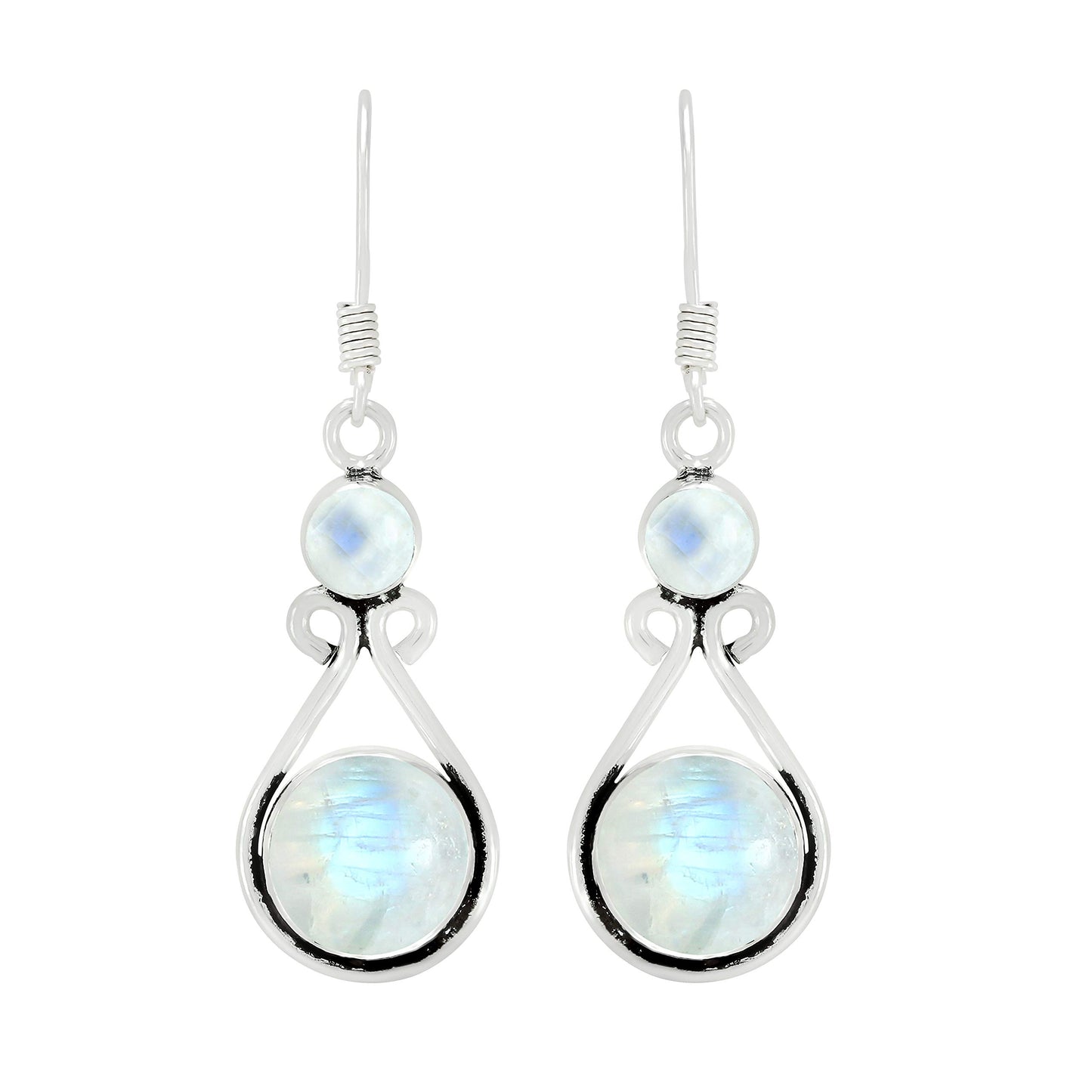 Natural Moonstone Silver Plated Dangle Earrings for Women - June Birthstone Round Gemstones Drop Earrings Handmade Jewelry - Anniversary Wedding Gift for Her