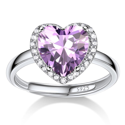 Bestyle Flattering June Alexandrite Heart Crystal Rings Halo Cubic Zirconia Rings for Women Dainty 925 Sterling Silver Hypoallergenic Adjustable Rings Size #6-#12