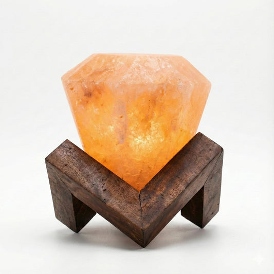 Himalayan Salt Lamp Diamond Shape – Hand-Carved Pink Rock Salt Light with Dimmer, Warm Mood Lighting for Bedroom, Home & Office – Wooden Base