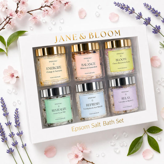 Epsom Salt Bath Gift Set – 6 Aromatherapy Blends with Essential Oils – Bath & Body Gift Set for Women, Stress Relief, Self Care, Birthday Gifts – Jane & Bloom