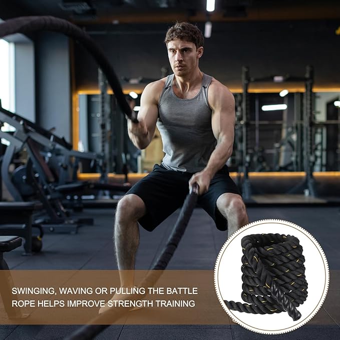 MECCANIXITY Battle Rope 30ft x 2 Inch Polyester Workout Rope Heavy Fitness Exercise Rope for Strength Training Home Gym Muscle Building, Black Yellow