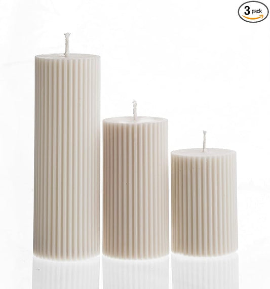 LAWA Roman Handmade Tall Ribbed Pillar Candle - Beautiful Scented Soy Wax Stripped Dinner Candle | Classic Aesthetic Decoration Set | Housewarming Gift | Home Room Shelf Decor Idea - White (Set of 3)