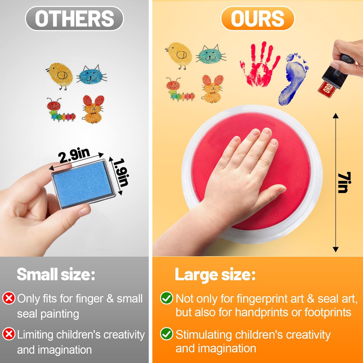 7" Large Ink Pads for Kids - Handprint Footprint Size Rainbow Stamps Pad, Safe & Washable Ink Pad for Fingerprint Painting Card Making Stamp Crafting Paper Wood Fabric Scrapbook Kids Birthday Gifts