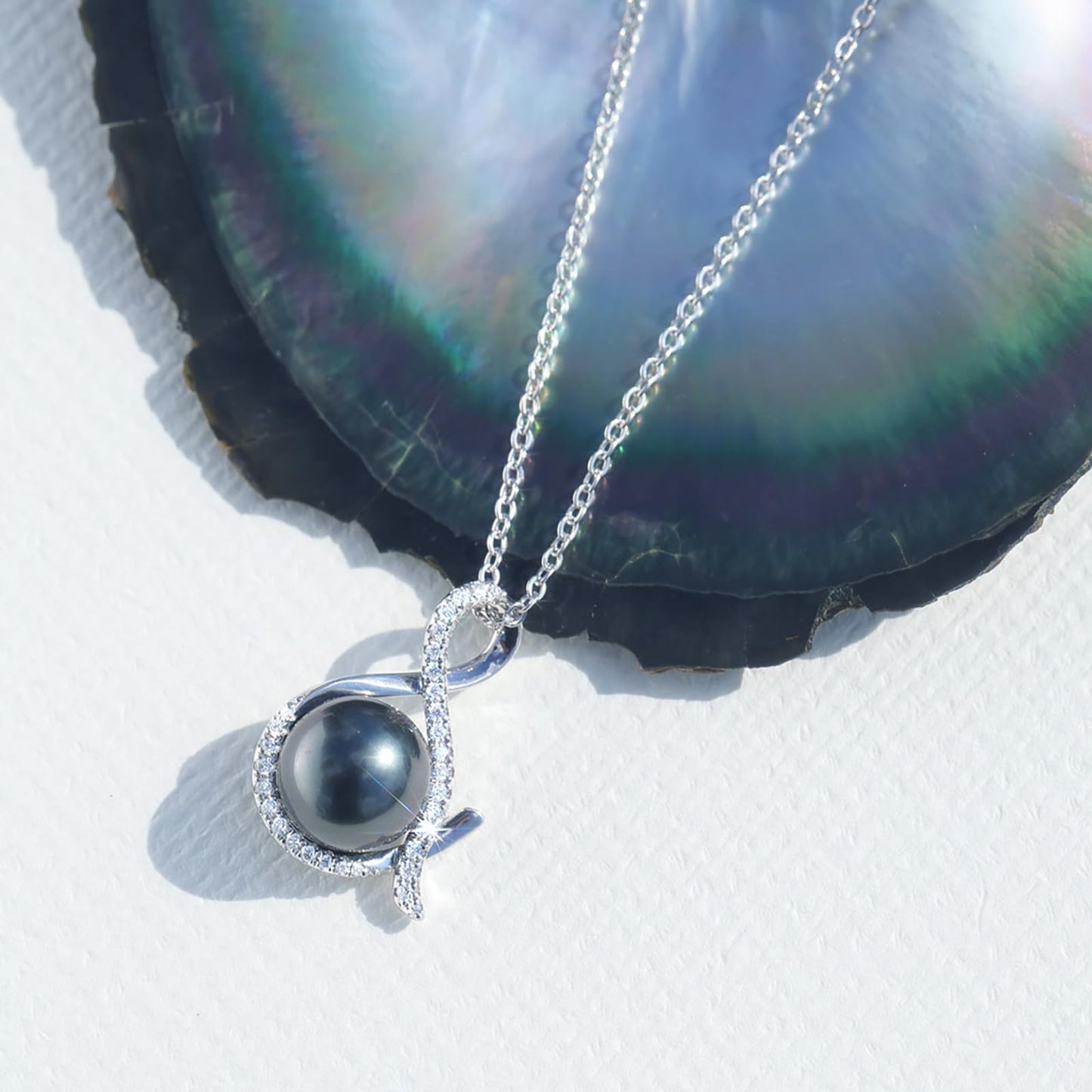 Tahitian Black Pearl Necklace for Women - Gift for Wife, Mom, Grandma, Jewelry Gifts for Wedding Anniversary Birthday Christmas, 10-11mm Seawater Pearl with Sterling Silver Moissanite Infinity Pendant