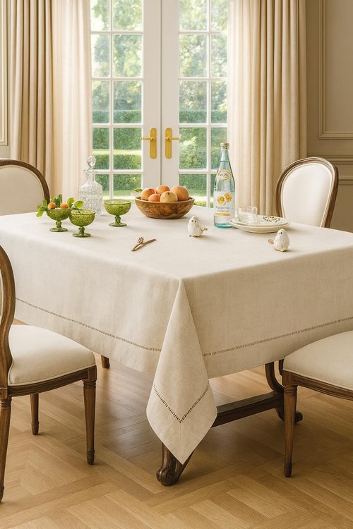Fennco Styles Handmade Hemstitch Design Natural Tablecloth. One Piece (72" Square)