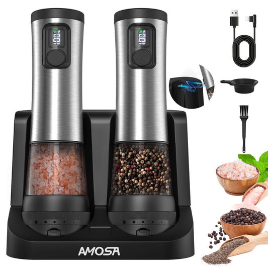 Electric Salt and Pepper Grinder Set, Upgraded 2-Speed Setting, External 5 Adjustable Coarseness, Battery Display Rechargeable Base, Stainless Steel Automatic Salt & Pepper Shakers Mill with LED Light