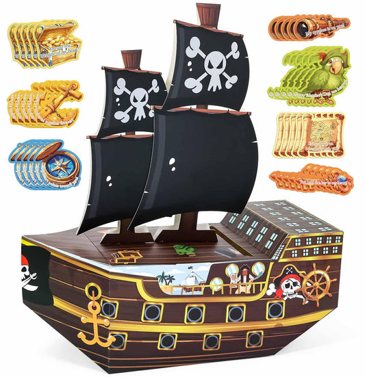 SietDESEO Pirate Ship Valentines Card Box Valentines Day Cards for Kids Boys Girls School Classroom Gift Exchange 3D Pirate Boat Valentine Mailbox with 35 Valentine Cards
