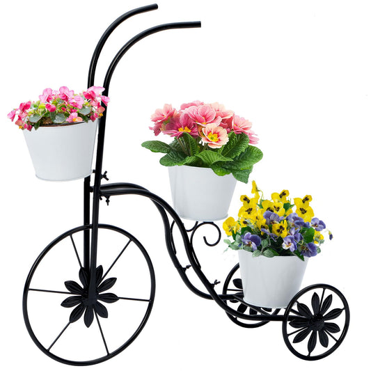 LEWIS&WAYNE Metal Tricycle Planter, 3 Tier Floral Flower Plant Stand Holder Hand Painted Outdoor Garden Patio Decor