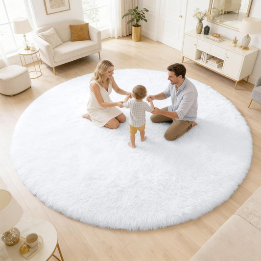 OLANLY White Round Area Rug - Soft & Fluffy 6 ft Machine Washable Carpet for Bedroom & Living Room Decor