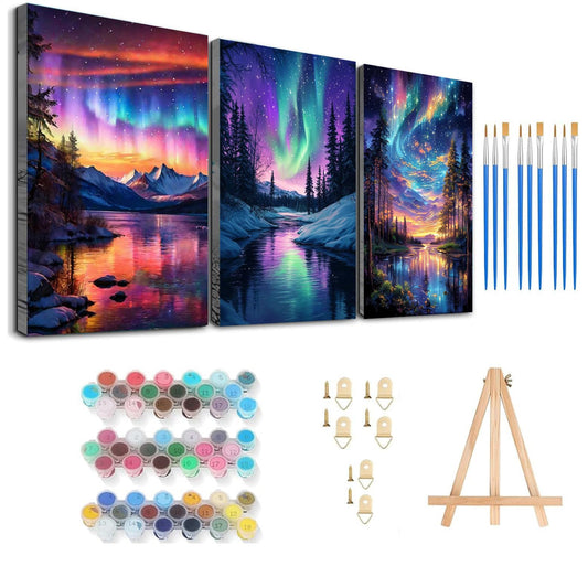 Axquilon 3 Packs Framed Paint by Numbers Kit for Adults - Aurora Adult Paint by Number Kits with Easel, Easy Adults' Paint-by-Number Kits for Gift Home Wall Decor 8x10in