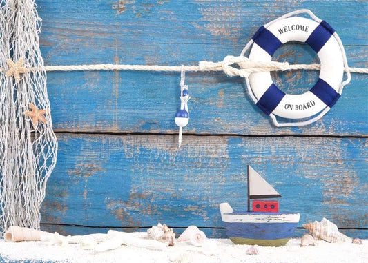 BELECO 8x6ft Fabric Nautical Backdrop Life Buoy and Toy Boat Shells on Blue Wooden Background Phtography Backdrop