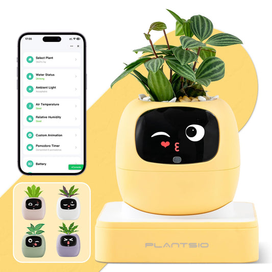 Smart Plant Pot with Visual Display – Soil Moisture, Water Level, Light & Battery Monitor, 80ml Self-Watering Reservoir, Supports 100+ Plants, Pomodoro Timer, Clock & Calendar-Pink-Yellow