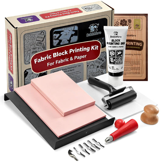 Bobblebro Linocut Kit for Printmaking - Fabric Block Printing Kit with 2.6 oz Fabric Ink for Fabric and Paper, Stamp Making Kit & Carving Tools - Arts and Crafts for Adults - DIY Gift for Father’s Day