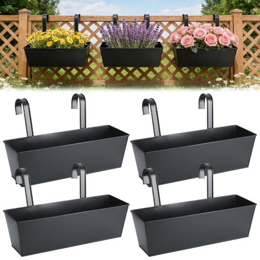 YAYODS 4 Pack Metal Railing Planter Box for Outdoor 16 Inch Hanging Flower Pots for Railing Fence, Deck Hanging Balcony Planters for Garden, Porch, Window (Black)