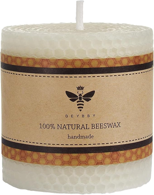 White Beeswax Pillar Candle - Handmade Pure Beeswax Rolled Candle for Gift & Home Decor (3×3 in)