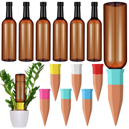 SiliFine 6 Sets Plant Watering Devices Include Terracotta Self Watering Spikes and 26 oz Plastic Bottles, Slow Release Vacation Insert Automatic Plant Waterer Device (Brown and Mixed Color)